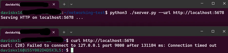 Screenshot of curl connection timeout in WSL.