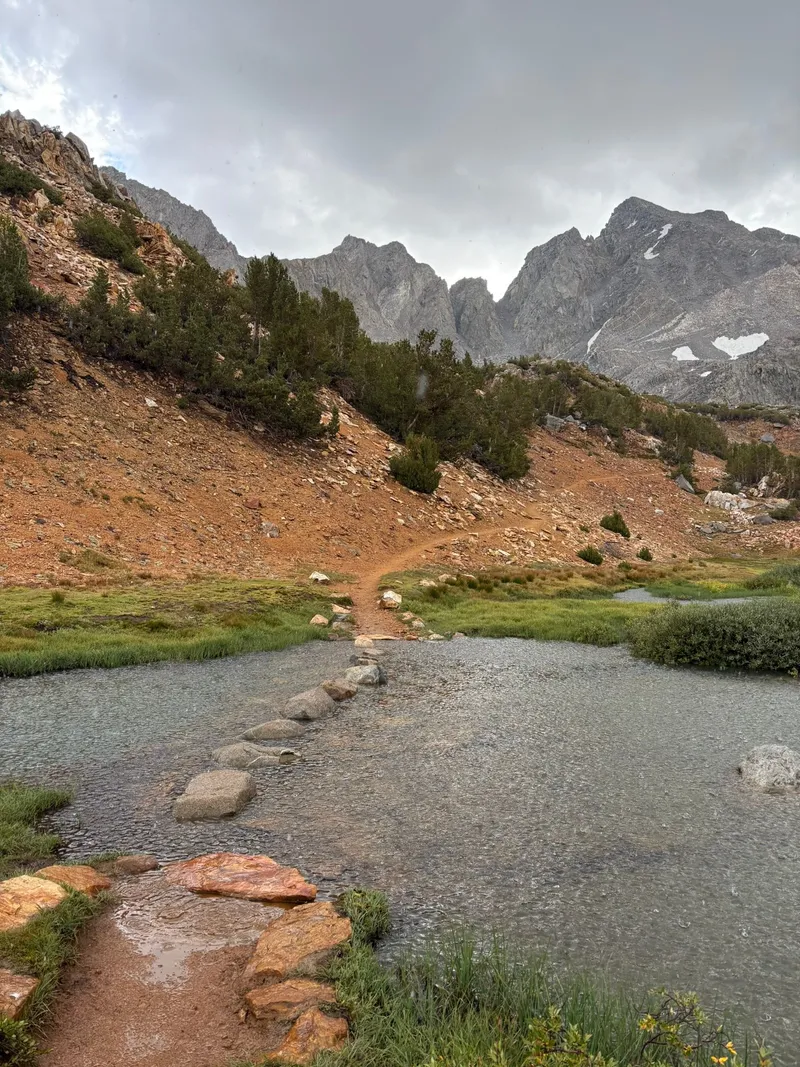 Hail hitting the creek near Bishop Lake.