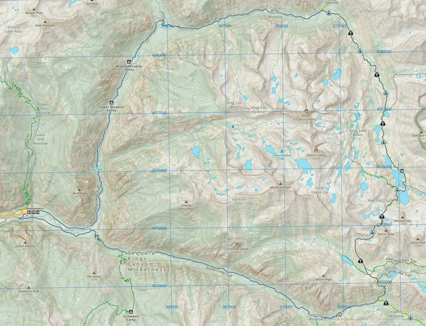 Map of the Rae Lakes Loop trail